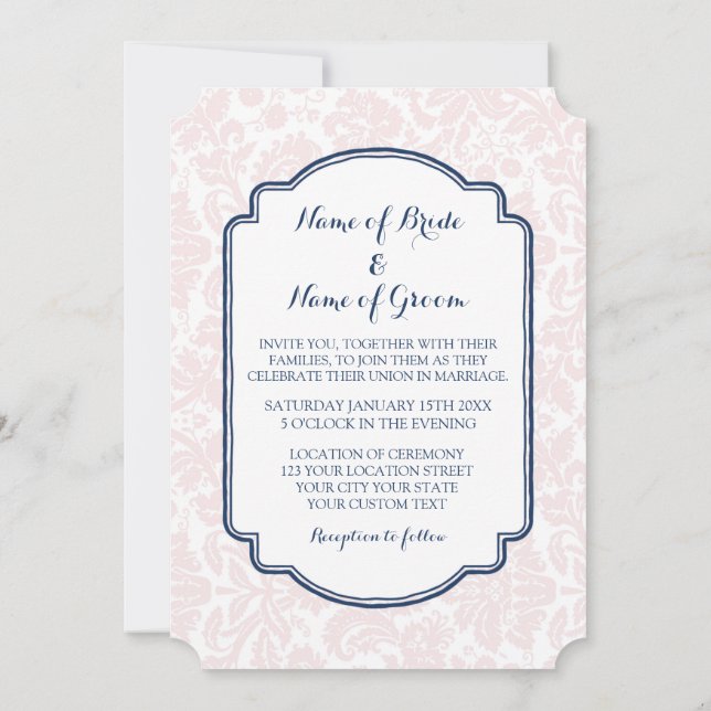 Invitations de mariage Blush Navy Blue Damask (Dos)