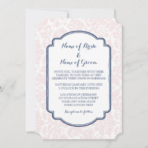 Invitations de mariage Blush Navy Blue Damask