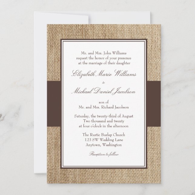 Invitations de mariage Brown à Burlap (Devant)