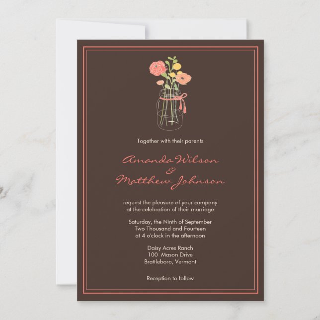 Invitations de mariage Brown et coral Mason Jar (Devant)
