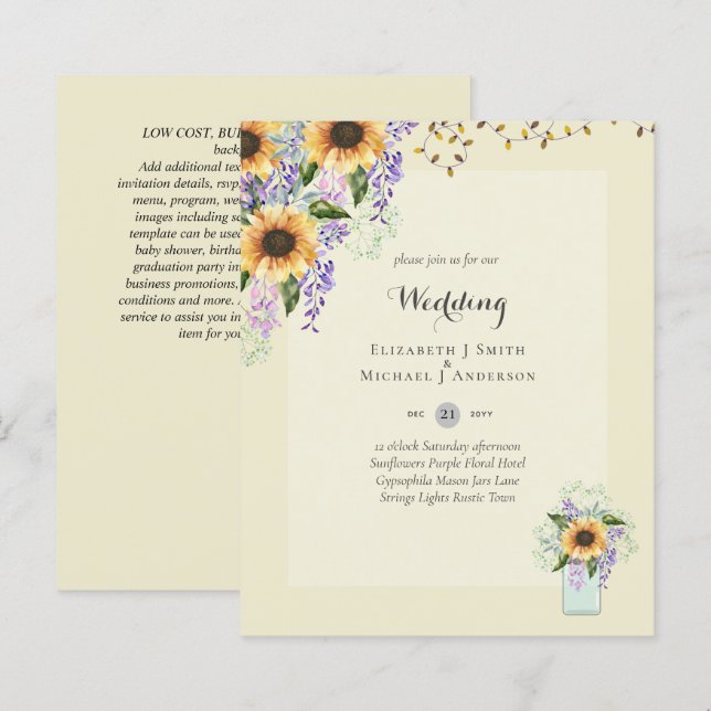 INVITATIONS DE MARIAGE BUDGÉTAIRE - Tournesols rus (Devant / Derrière)