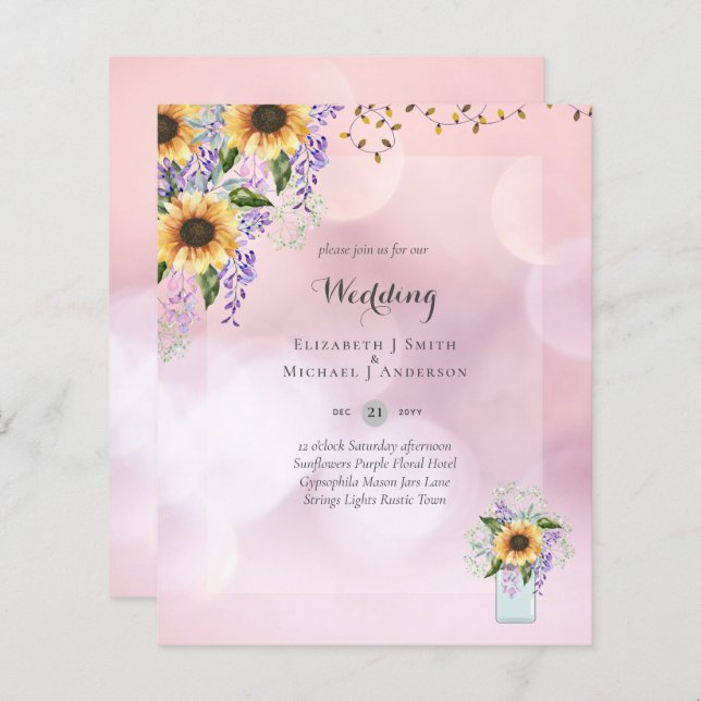 INVITATIONS DE MARIAGE BUDGÉTAIRE - Tournesols rus (Devant / Derrière)