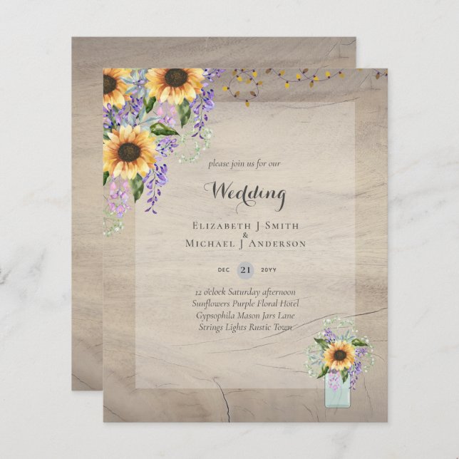 INVITATIONS DE MARIAGE BUDGÉTAIRE - Tournesols rus (Devant / Derrière)
