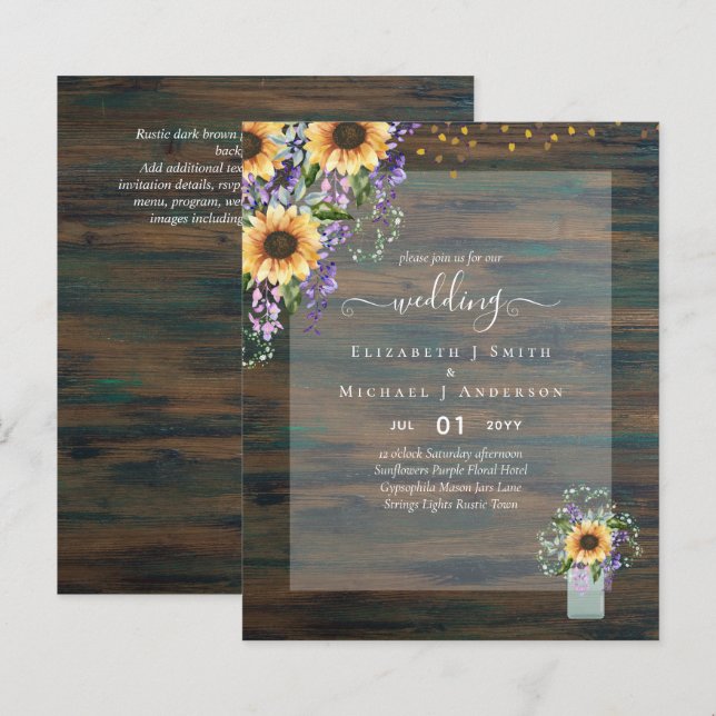 INVITATIONS DE MARIAGE BUDGÉTAIRE Tournesols rusti (Devant / Derrière)