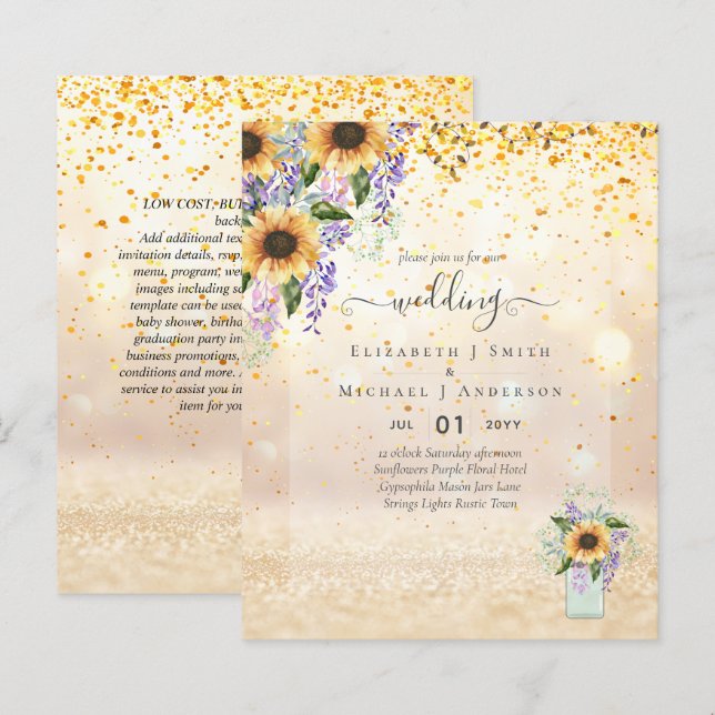 INVITATIONS DE MARIAGE BUDGÉTAIRE Tournesols rusti (Devant / Derrière)
