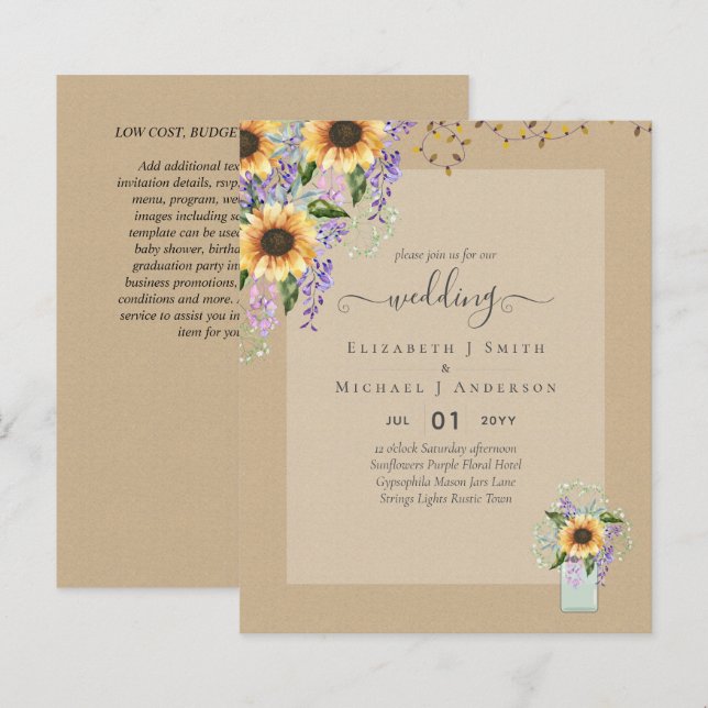 INVITATIONS DE MARIAGE BUDGÉTAIRE Tournesols rusti (Devant / Derrière)