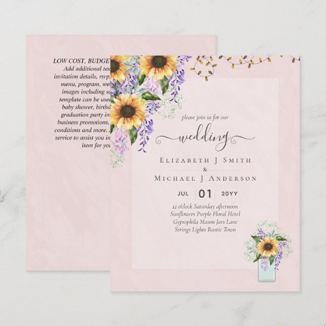 INVITATIONS DE MARIAGE BUDGÉTAIRE Tournesols rusti (Devant / Derrière)