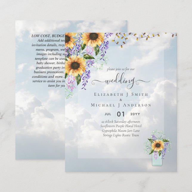 INVITATIONS DE MARIAGE BUDGÉTAIRE Tournesols rusti (Devant / Derrière)