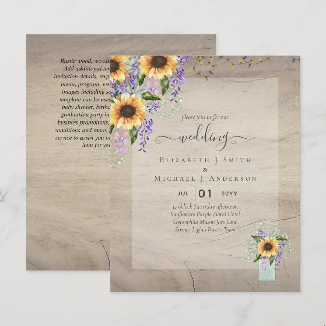 INVITATIONS DE MARIAGE BUDGÉTAIRE Tournesols rusti (Devant / Derrière)