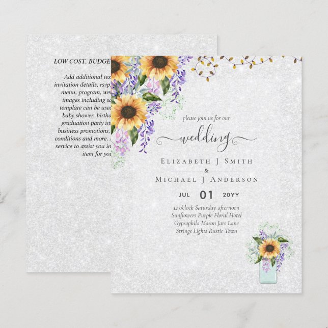 INVITATIONS DE MARIAGE BUDGÉTAIRE Tournesols rusti (Devant / Derrière)