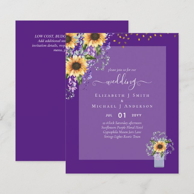 INVITATIONS DE MARIAGE BUDGÉTAIRE Tournesols rusti (Devant / Derrière)