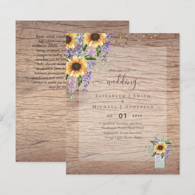 INVITATIONS DE MARIAGE BUDGÉTAIRE Tournesols rusti (Devant / Derrière)