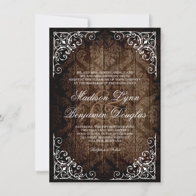 Invitations de Mariage campagnard rustique Damask  (Devant)