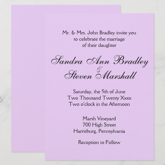 Invitations de mariage classique de lavande (Devant / Derrière)