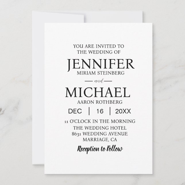 Invitations de mariage classique en blanc clair (Devant)
