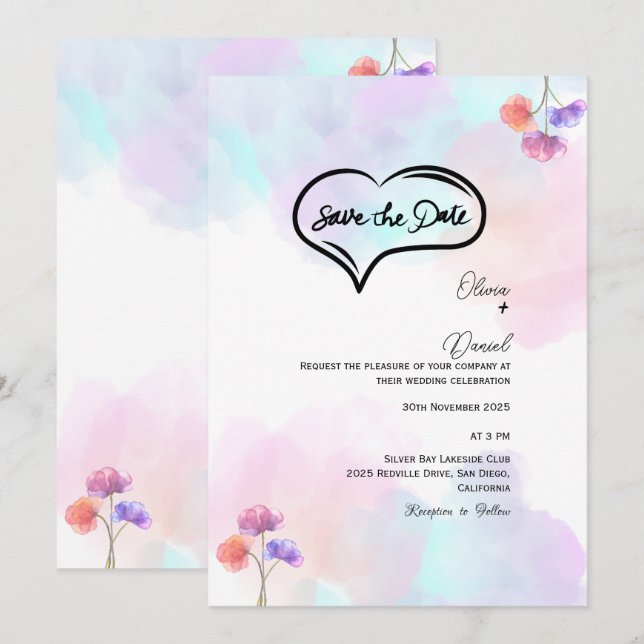 Invitations de mariage classique rose et bleu (Devant / Derrière)