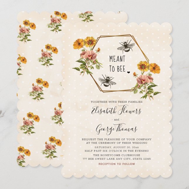 Invitations de mariage d'abeilles au miel floral (Devant / Derrière)