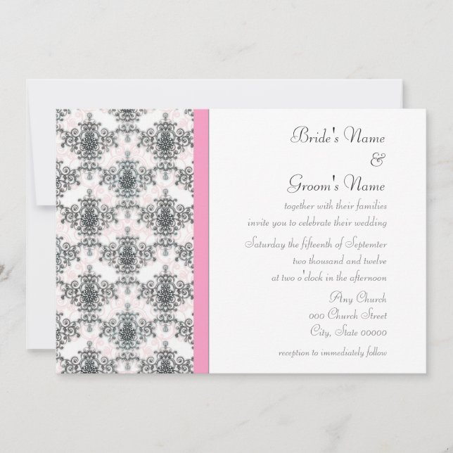 Invitations de Mariage damassé en noir blanc rose (Devant)