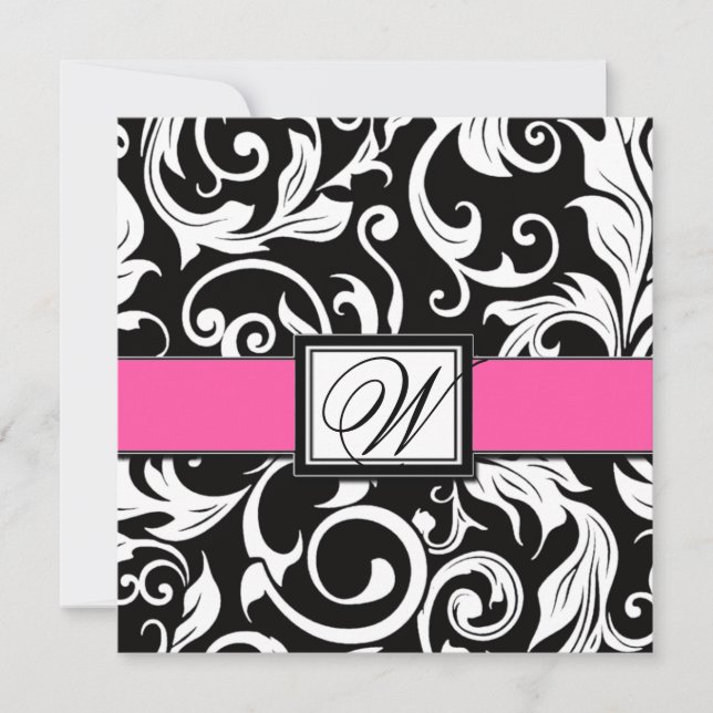 Invitations de Mariage damassé en noir et rose cha (Devant)