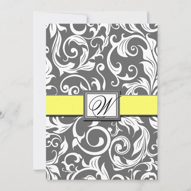 Invitations de Mariage damassé gris blanc et jaune (Devant)
