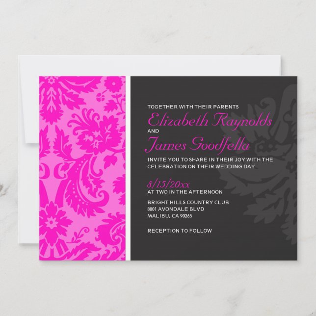 Invitations de Mariage damassé Hot Pink (Devant)