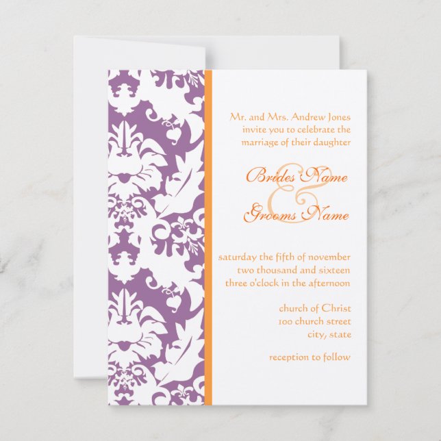 Invitations de Mariage damassé Orange & Plum (Devant)