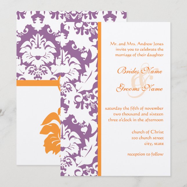 Invitations de Mariage damassé Orange & Plum (Devant / Derrière)