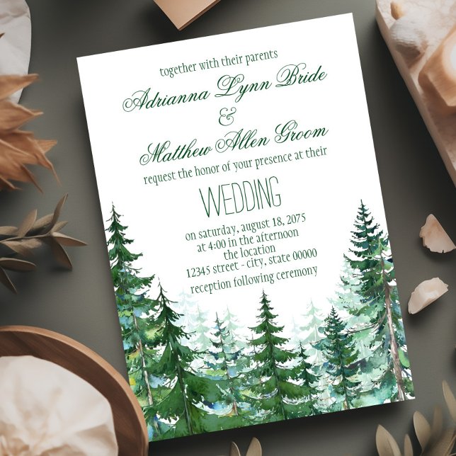 Invitations de mariage dans l'arbre (Watercolor fir tree wedding invitations. You can add your own wording, font style and back color.)