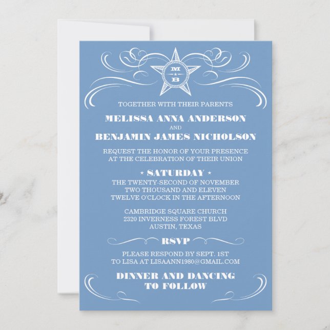 Invitations de mariage dans le style bleu du Sud (Devant)
