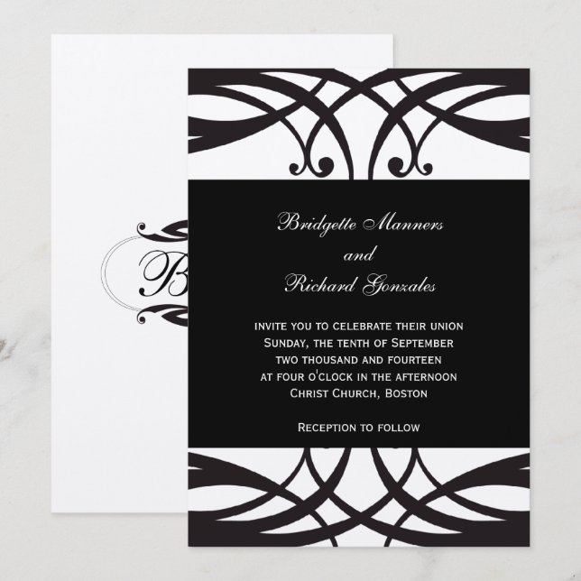 Invitations de mariage d'argent blanc noir Art déc (Devant / Derrière)