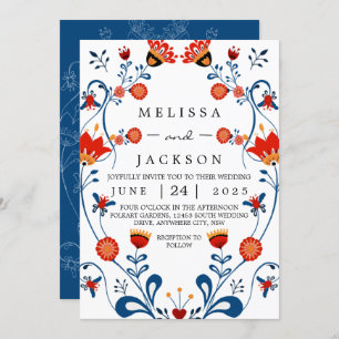 Invitations de mariage d'art populaire Bleu et Rou
