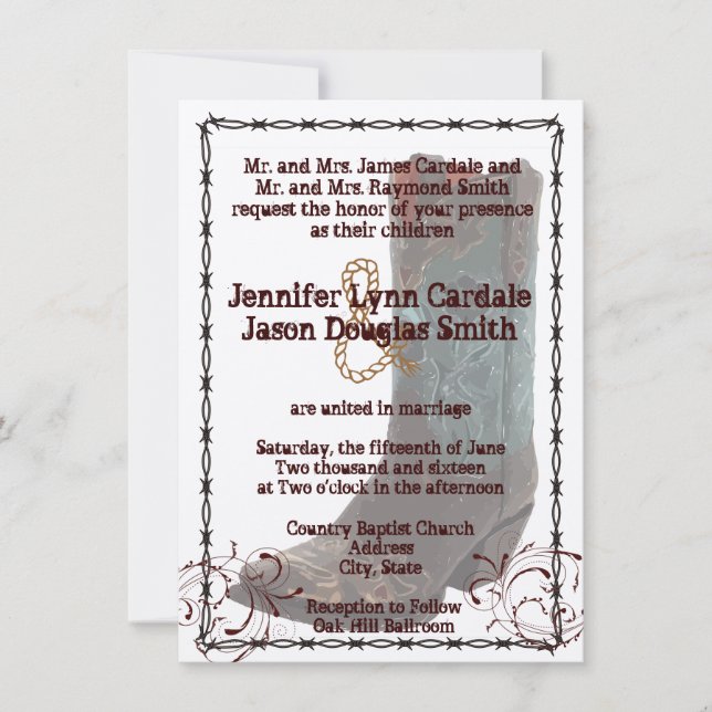 Invitations de mariage de barbelé de bottes de (Devant)