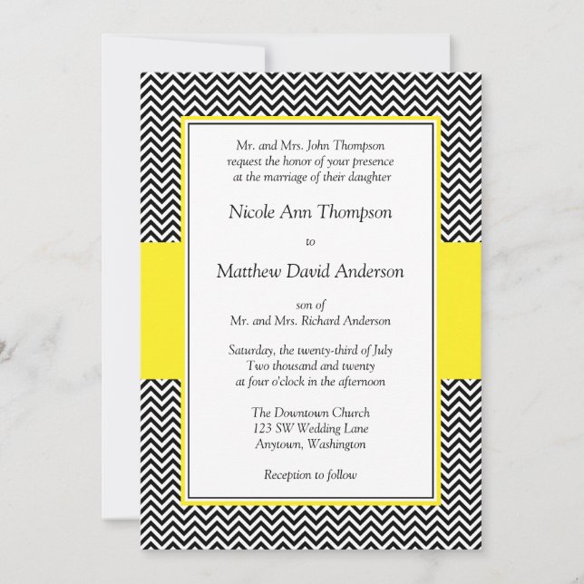 Invitations de mariage de Chevron jaune et noir (Devant)