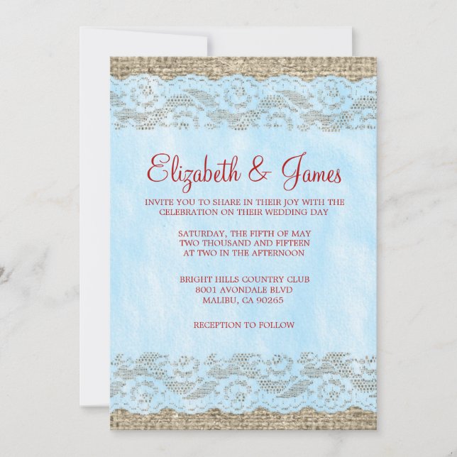 Invitations de mariage de dentelle bleu et rouge r (Devant)
