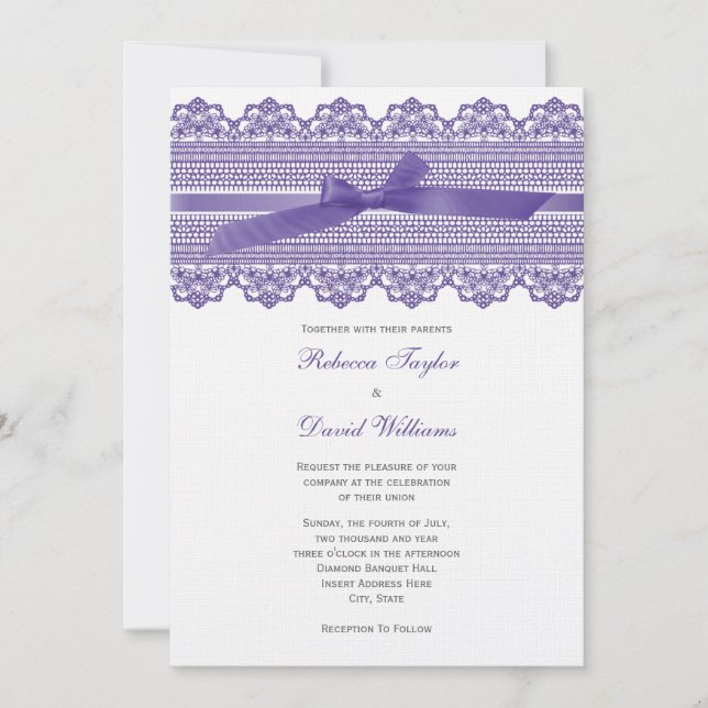 Invitations de mariage de dentelle et de ruban (Devant)