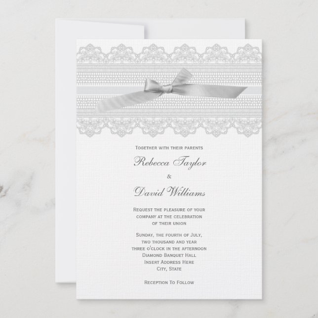 Invitations de mariage de dentelle et de ruban (Devant)