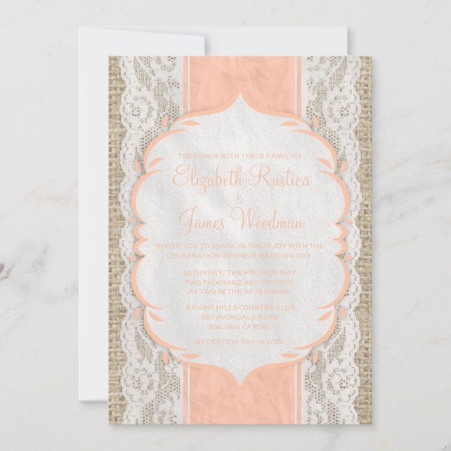 Invitations de mariage de dentelle rustique corall (Devant)