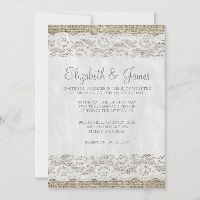 Invitations de mariage de dentelle rustique gris (Devant)