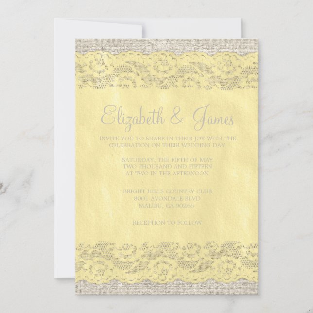 Invitations de mariage de dentelle rustique jaune (Devant)