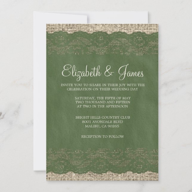 Invitations de mariage de dentelle rustique verte (Devant)