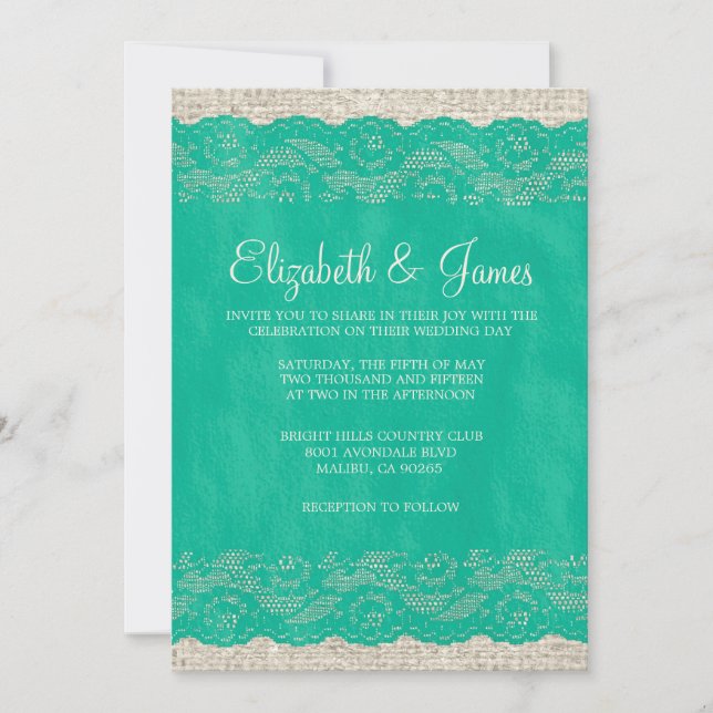 Invitations de mariage de dentelle turquoise (Devant)
