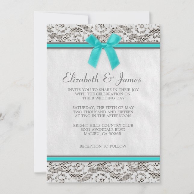 Invitations de mariage de dentelle Turquoise et ar (Devant)