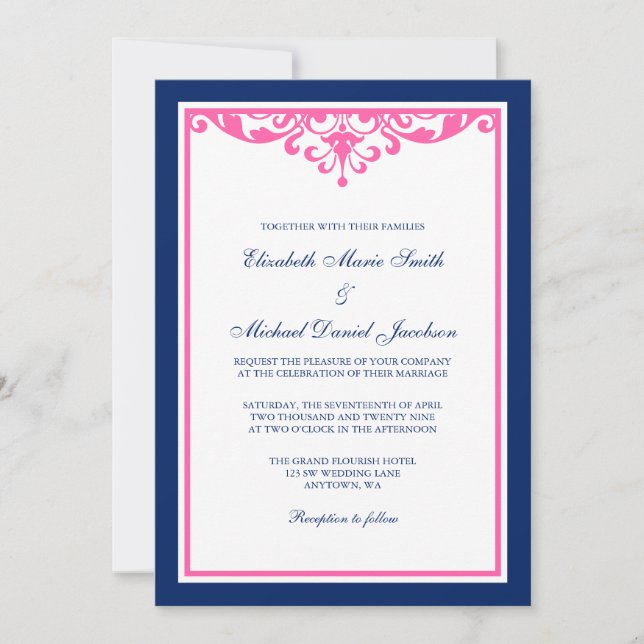 Invitations de mariage de Flourish de bleu marine (Devant)