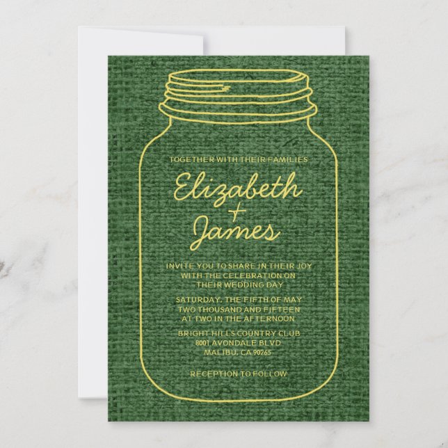 Invitations de mariage de Mason Jar, vert jaune ru (Devant)