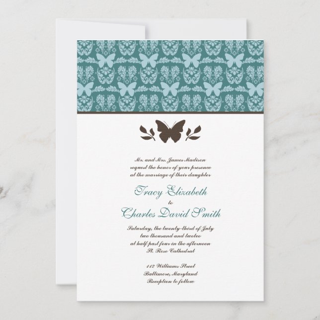 Invitations de mariage de papillons Brown Turquois (Devant)