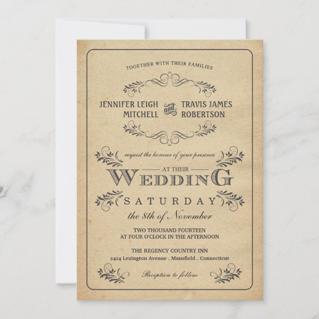 Invitations de mariage de parchemin fleuri vintage (Devant)