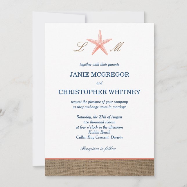 Invitations de mariage de plage de toile de jute (Devant)