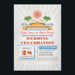 Invitations de mariage de plage moderne<br><div class="desc">Scène de plage rétro avec palmiers,  vagues bleues,  couple d'étoiles de mer,  parapluies de plage,  soleil chaud et deux coeurs d'amour corallien. Invitation de mariage idéale pour mariage d'été à la plage ou mariage de destination.</div>