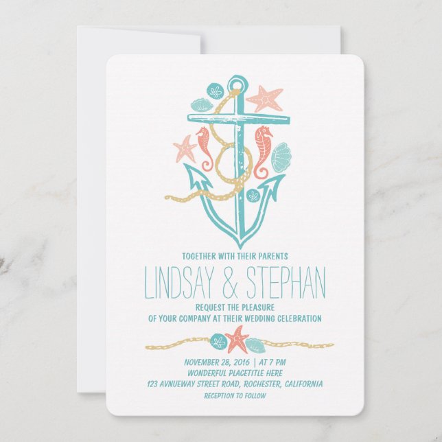 Invitations de mariage de plage nautique (Devant)