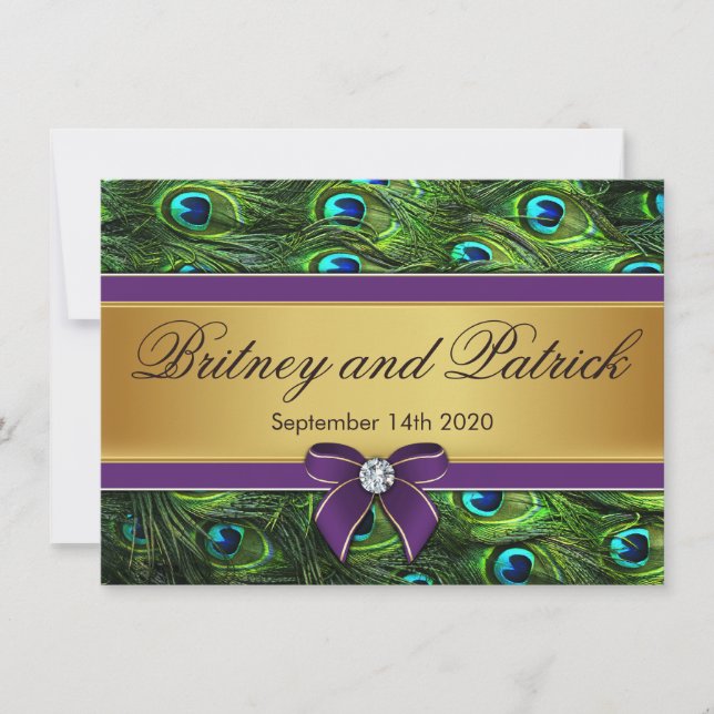 Invitations de mariage de plume de paon de pourpre (Devant)